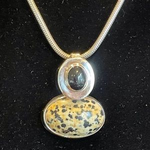 Sterling silver vintage onyx and Dalmatian jasper cabochon pendant